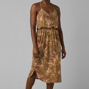 Prana Ayla Olive & Blush Tropical Floral Spaghetti-Strap Maxi Dress Medium
